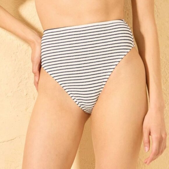 Shade & Shore Women's XL Navy Striped Ribbed High Waist High Bikini Bottom - Picture 1 of 6